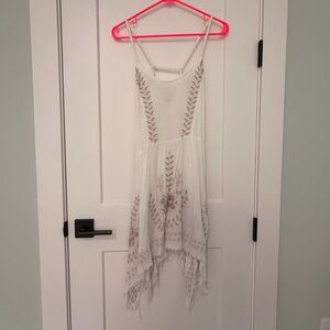 Free People Boho Embroidered White & Tan Handkerchief Distressed Hem Dress
